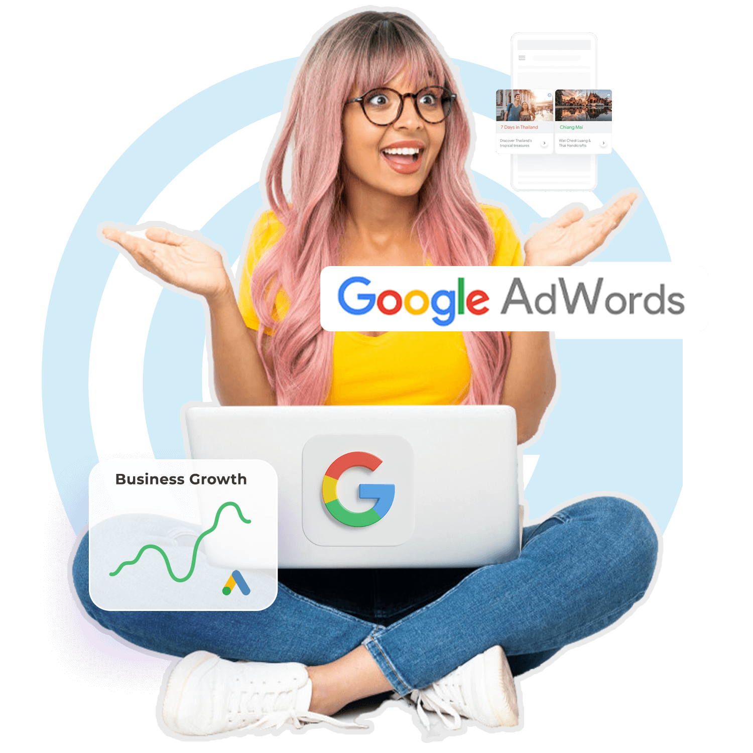 Excited woman with pink hair holding up her hands, sitting with a laptop featuring Google branding. The image includes "Google AdWords," a graph labeled "Business Growth," and visuals of online ads showcasing destinations.