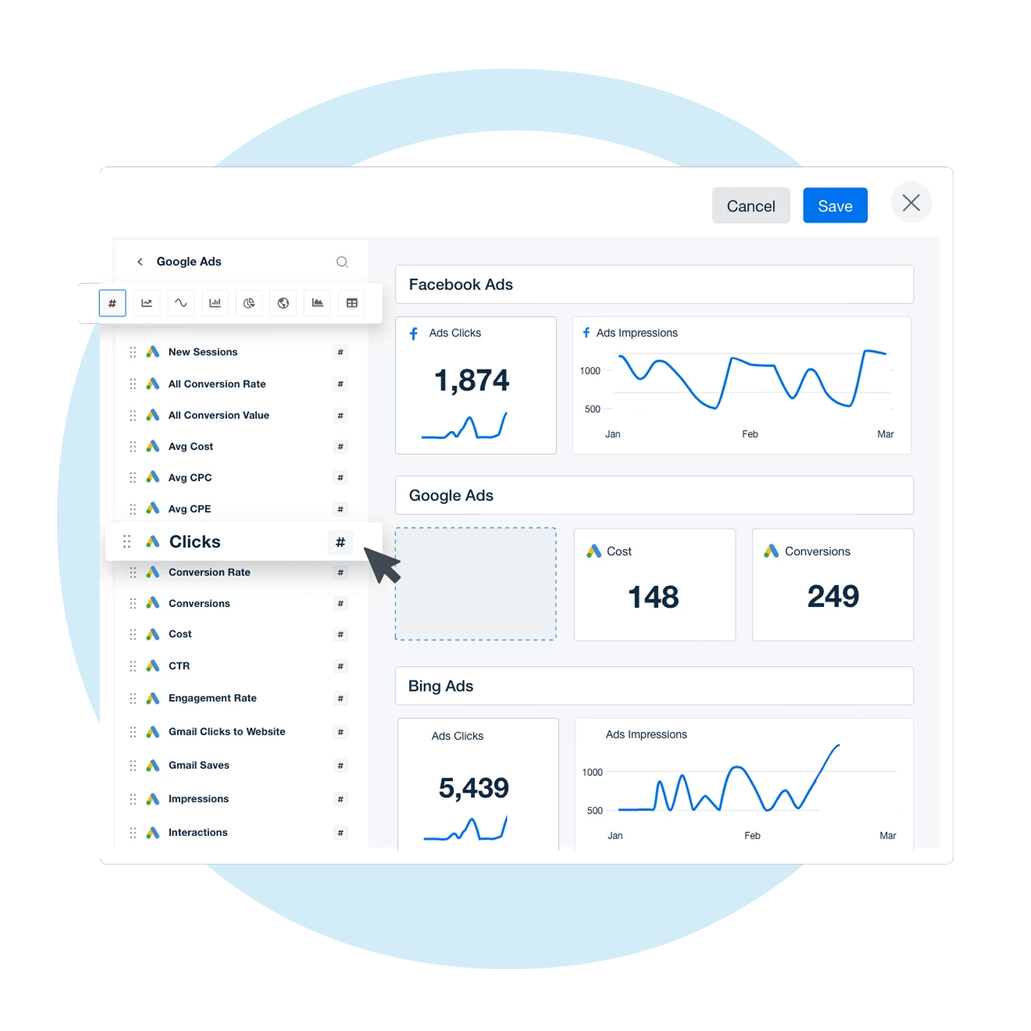 A dashboard interface showing analytics for Facebook Ads, Google Ads, and Bing Ads. Metrics displayed include clicks, impressions, cost, and conversions, with a navigation sidebar to toggle between analytics metrics such as CPC, CTR, and engagement rate.